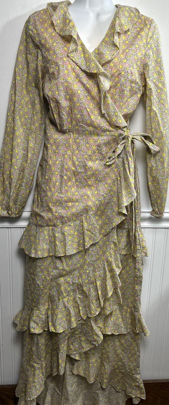 Cynthia Rowley Floral Maxi Wrap Dress M Tiered Ruffles Cottage Prairie Cotton